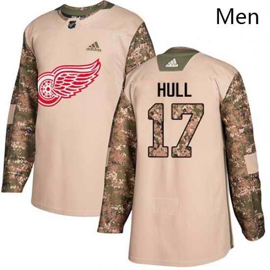 Mens Adidas Detroit Red Wings 17 Brett Hull Authentic Camo Veterans Day Practice NHL Jersey